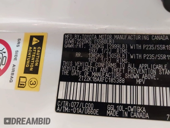 2015 Lexus RX 350 with VIN 2T2ZK1BAXFC185388, listed as a IAAI auction lot 42146693 with 127,128 mi miles and . Bid and sale history available at DreamBid. Image 9.