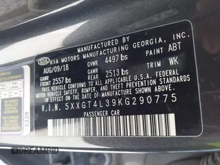 2019 Kia Optima LX with VIN 5XXGT4L39KG290775, listed as a IAAI auction lot 42034654 with 79,442 mi miles. Bid and sale history available at carsss.com. Image 9.