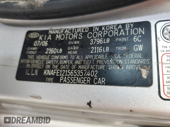2006 Kia Spectra EX with VIN KNAFE121565357402, listed as a Copart auction lot 72889614 with 200,657 mi miles and Salvage Title. Bid and sale history available at carsss.com. Image 12.
