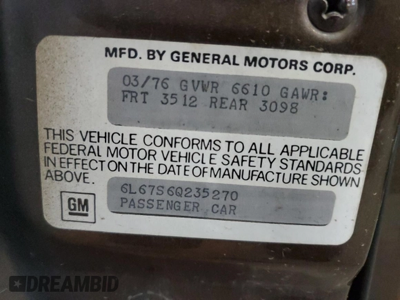 1976 Cadillac Eldorado z VIN 6L67S6Q235270, wystawiony jako Copart lot #80518554 z przebiegiem 4 944 mil mil oraz Szkoda całkowita • Salvage title. Historia ofert i sprzedaży dostępna na DreamBid. Obrazek 14.