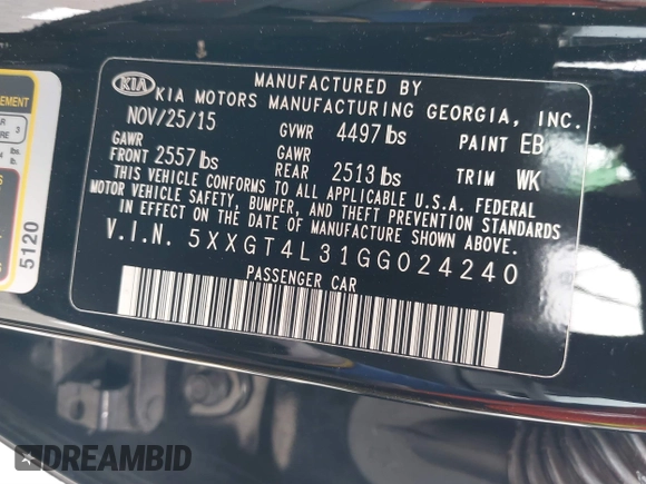 2016 Kia Optima LX with VIN 5XXGT4L31GG024240, listed as a IAAI auction lot 41727309 with 70,031 mi miles. Bid and sale history available at carsss.com. Image 9.