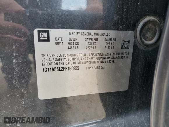 2015 Chevrolet Malibu LS with VIN 1G11A5SL2FF150955, listed as a Copart auction lot 55248575 with 133,662 mi miles and Clean Title. Bid and sale history available at DreamBid. Image 12.