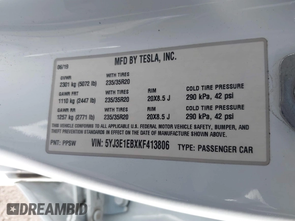 2019 Tesla Model 3 Long Range with VIN 5YJ3E1EBXKF413806, listed as a IAAI auction lot 41321906 with 24,635 mi miles. Bid and sale history available at carsss.com. Image 9.