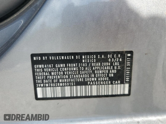 2024 Volkswagen Jetta SE с VIN 3VW7M7BU2RM059151, выставлен на аукционе Copart как лот 54608035 с пробегом 4 657 миль миль и Списание • Salvage title. История ставок и продаж доступна на DreamBid. Изображение 12.
