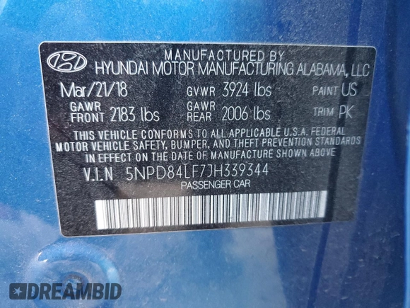 2018 Hyundai Elantra SEL with VIN 5NPD84LF7JH339344, listed as a Copart auction lot 83004364 with 96,800 mi miles and Salvage Title. Bid and sale history available at DreamBid. Image 14.