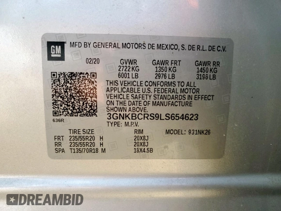 2020 Chevrolet Blazer LT with VIN 3GNKBCRS9LS654623, listed as a Copart auction lot 62659195 with 41,682 mi miles and Salvage title. Bid and sale history available at DreamBid. Image 13.