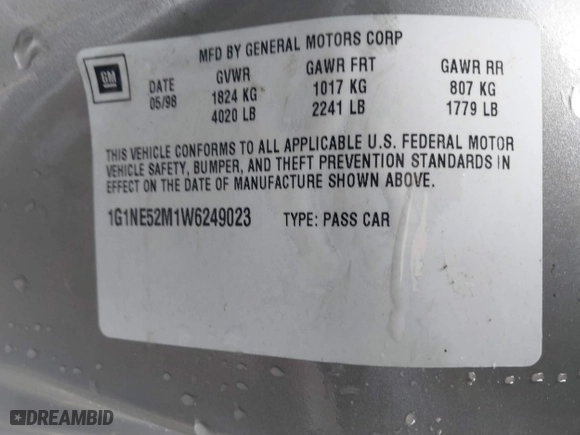 1998 Chevrolet Malibu LS with VIN 1G1NE52M1W6249023, listed as a IAAI auction lot 41779319 with 71,307 mi miles. Bid and sale history available at carsss.com. Image 9.
