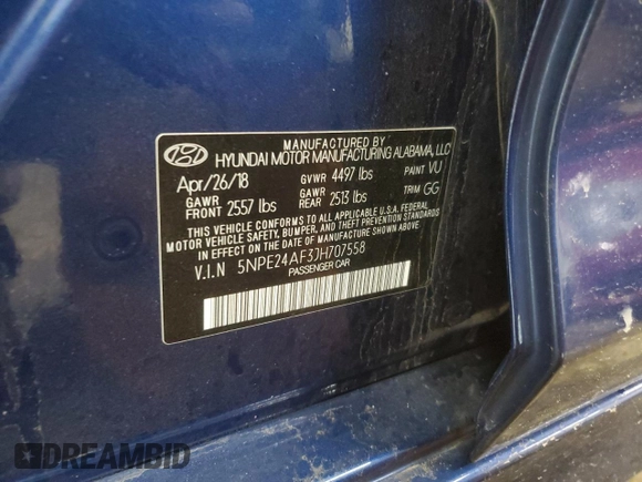 2018 Hyundai Sonata SE with VIN 5NPE24AF3JH707558, listed as a Copart auction lot 54739115 with 55,417 mi miles and Salvage Title. Bid and sale history available at carsss.com. Image 12.