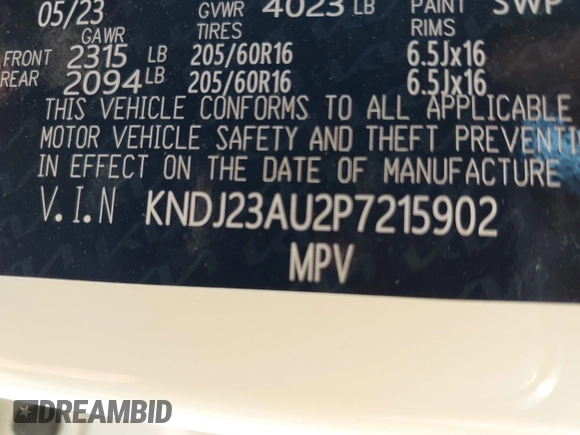 2023 Kia Soul LX with VIN KNDJ23AU2P7215902, listed as a IAAI auction lot 40337743 with 13,896 mi miles and . Bid and sale history available at DreamBid. Image 9.