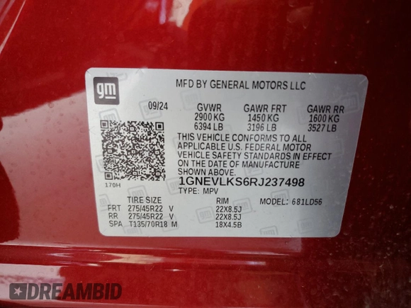 2024 Chevrolet Traverse AWD RS with VIN 1GNEVLKS6RJ237498, listed as a Copart auction lot 44130205 with 0 mi miles and Salvage Title. Bid and sale history available at carsss.com. Image 13.