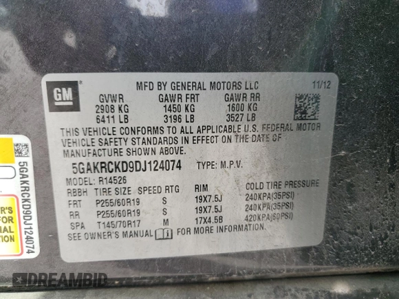 2013 Buick Enclave Leather with VIN 5GAKRCKD9DJ124074, listed as a Copart auction lot 49963785 with 0 mi miles and Salvage Title. Bid and sale history available at carsss.com. Image 13.