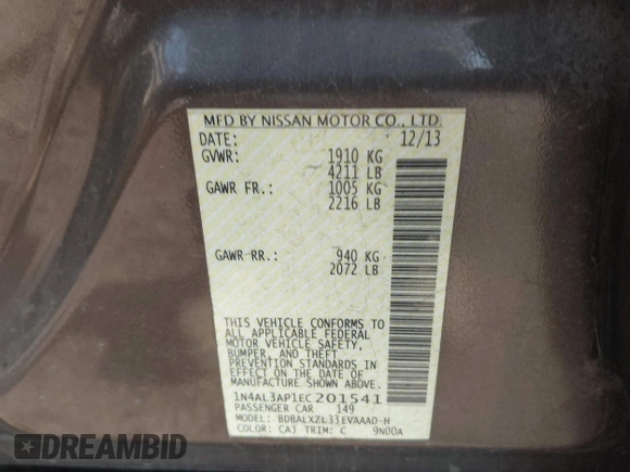 2014 Nissan Altima S with VIN 1N4AL3AP1EC201541, listed as a IAAI auction lot 41777111 with 180,021 mi miles and . Bid and sale history available at DreamBid. Image 9.