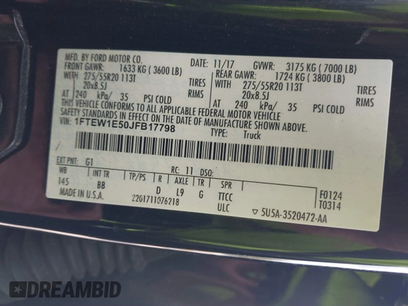 2018 Ford F-150 XL with VIN 1FTEW1E50JFB17798, listed as a IAAI auction lot 41882030 with 189,084 mi miles and . Bid and sale history available at DreamBid. Image 9.