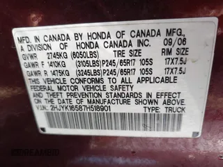 2007 Honda Ridgeline RTL with VIN 2HJYK16587H518901, listed as a IAAI auction lot 42762425 with 206,243 mi miles and . Bid and sale history available at DreamBid. Image 9.
