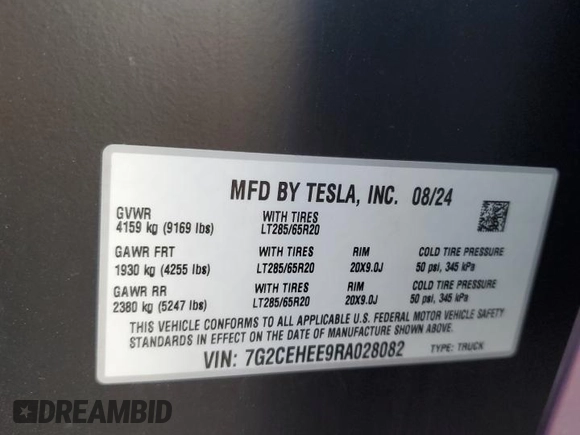 2024 Tesla Cybertruck Cyberbeast z VIN 7G2CEHEE9RA028082, wystawiony jako Copart lot #83783394 z przebiegiem 365 mil mil oraz Szkody całkowita. Historia ofert i sprzedaży dostępna na DreamBid. Obrazek 12.