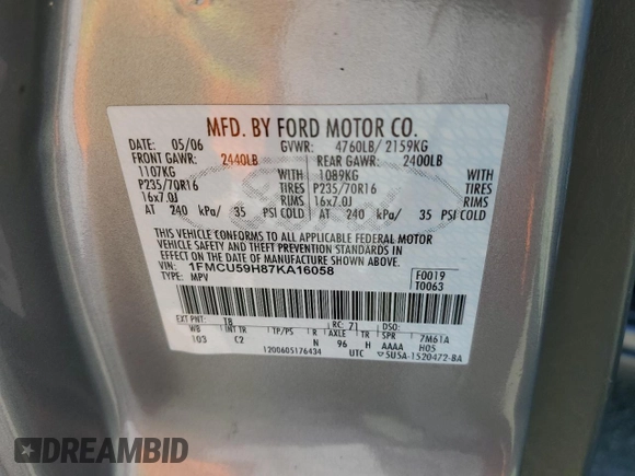 2007 Ford Escape Hybrid с VIN 1FMCU59H87KA16058, выставлен на аукционе Copart как лот 53134005 с пробегом 160 136 миль миль и Чистый • Clean title. История ставок и продаж доступна на DreamBid. Изображение 12.