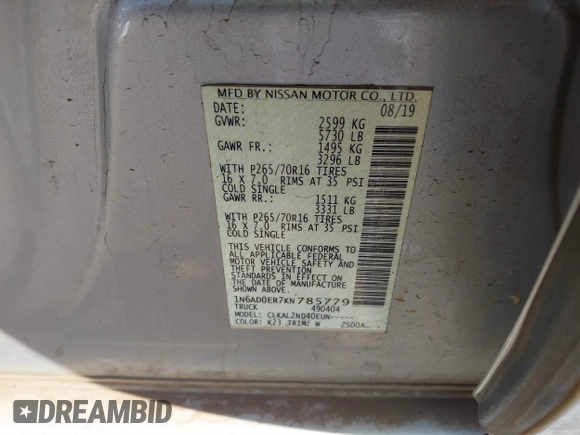 2019 Nissan Frontier SV z VIN 1N6AD0ER7KN785779, wystawiony jako IAAI lot #40382228 z przebiegiem 62 586 mil mil oraz . Historia ofert i sprzedaży dostępna na DreamBid. Obrazek 9.