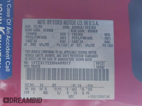 1999 Ford F-150 with VIN 1FTZX1722XNA89017, listed as a IAAI auction lot 41606478 with Not provided miles and . Bid and sale history available at DreamBid. Image 9.