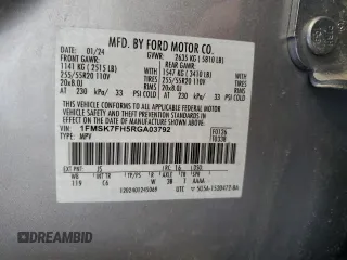 2024 Ford Explorer Limited with VIN 1FMSK7FH5RGA03792, listed as a Copart auction lot 50041485 with 37,556 mi miles and Salvage Title. Bid and sale history available at carsss.com. Image 14.