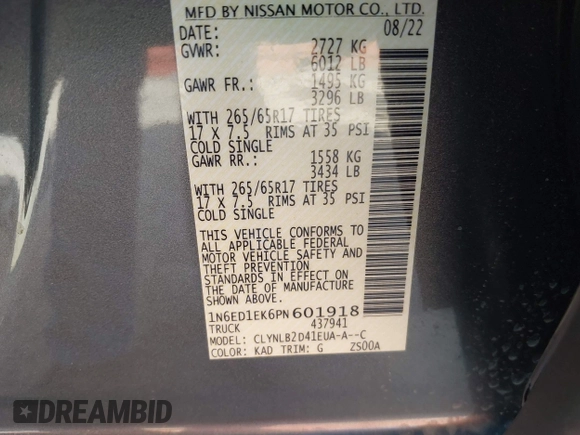 2023 Nissan Frontier Pro-4X with VIN 1N6ED1EK6PN601918, listed as a IAAI auction lot 42050855 with 43,155 mi miles and . Bid and sale history available at DreamBid. Image 9.