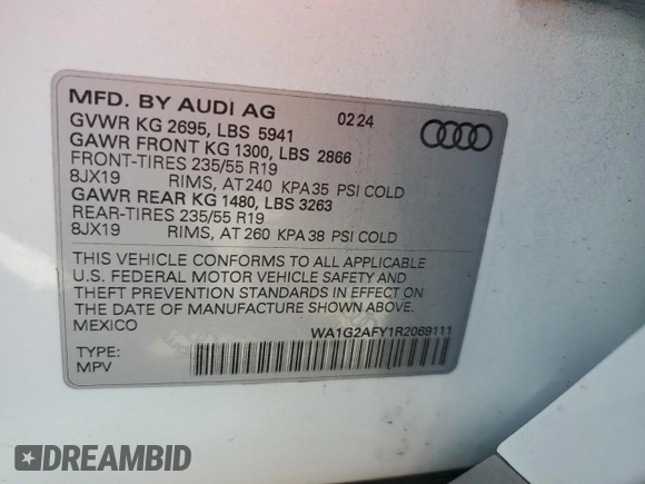 2024 Audi Q5 S line Premium with VIN WA1G2AFY1R2069111, listed as a Copart auction lot 46171785 with 10,350 mi miles and Salvage title. Bid and sale history available at DreamBid. Image 16.
