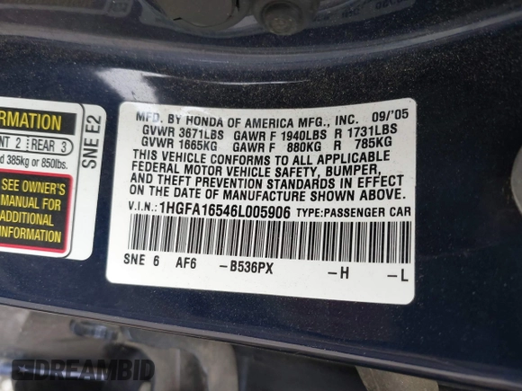 2006 Honda Civic LX with VIN 1HGFA16546L005906, listed as a IAAI auction lot 42182142 with 167,663 mi miles and . Bid and sale history available at DreamBid. Image 9.