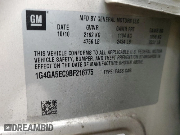 2011 Buick LaCrosse CX with VIN 1G4GA5EC9BF216775, listed as a Copart auction lot 48072295 with 135,927 mi miles and Salvage Title. Bid and sale history available at carsss.com. Image 12.