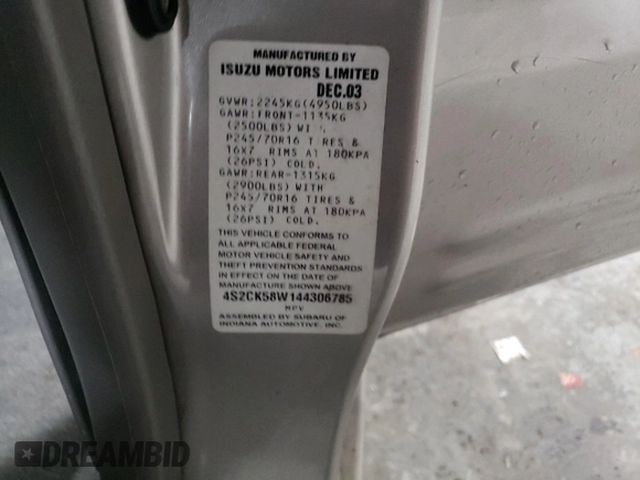 2004 Isuzu Rodeo S z VIN 4S2CK58W144306785, wystawiony jako Copart lot #85124684 z przebiegiem 296 433 mil mil oraz Szkody całkowita. Historia ofert i sprzedaży dostępna na DreamBid. Obrazek 15.