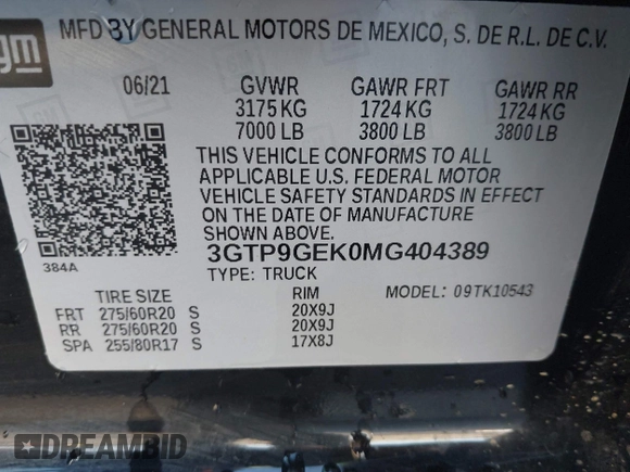 2021 GMC Sierra 1500 with VIN 3GTP9GEK0MG404389, listed as a IAAI auction lot 41823024 with 49,775 mi miles and . Bid and sale history available at DreamBid. Image 9.