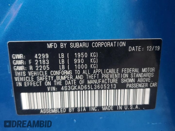 2020 Subaru Impreza Premium с VIN 4S3GKAD65L3605213, выставлен на аукционе Copart как лот 51479285 с пробегом 42 578 миль миль и Списание • Salvage title. История ставок и продаж доступна на DreamBid. Изображение 14.