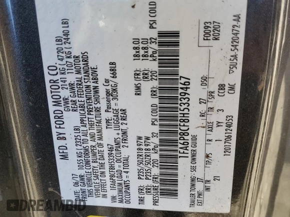 2017 Ford Mustang GT with VIN 1FA6P8CF8H5339467, listed as a Copart auction lot 46283215 with 54,239 mi miles and Salvage Title. Bid and sale history available at carsss.com. Image 13.
