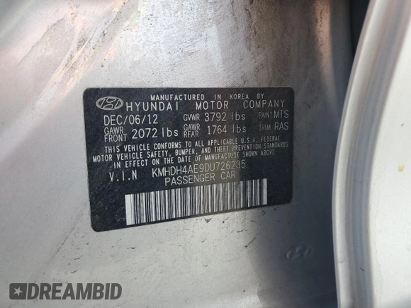 2013 Hyundai Elantra GLS с VIN KMHDH4AE9DU726235, выставлен на аукционе Copart как лот 59017135 с пробегом Не указан миль и Списание • Salvage title. История ставок и продаж доступна на DreamBid. Изображение 12.