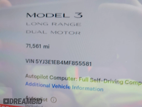 2021 Tesla Model 3 Long Range with VIN 5YJ3E1EB4MF855581, listed as a IAAI auction lot 41974515 with 71,561 mi miles. Bid and sale history available at carsss.com. Image 15.