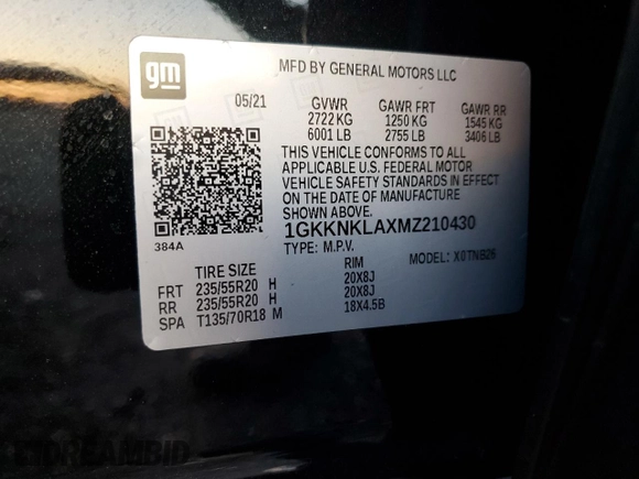 2021 GMC Acadia SLE with VIN 1GKKNKLAXMZ210430, listed as a Copart auction lot 48597855 with 47,711 mi miles and Salvage Title. Bid and sale history available at DreamBid. Image 15.