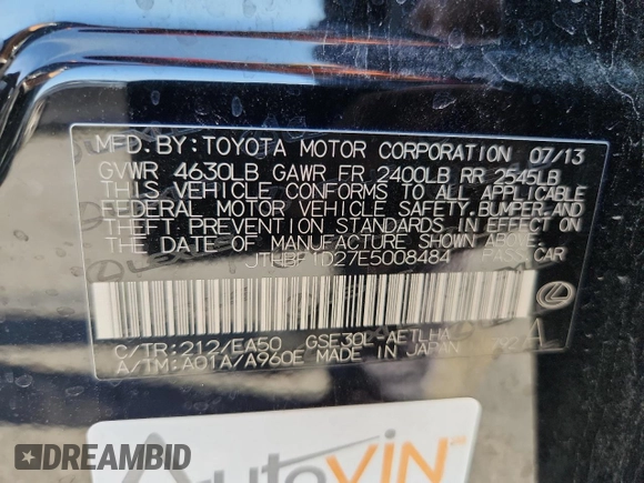 2014 Lexus IS 250 с VIN JTHBF1D27E5008484, выставлен на аукционе Copart как лот 62303615 с пробегом 139 777 миль миль и Списание • Salvage title. История ставок и продаж доступна на DreamBid. Изображение 12.