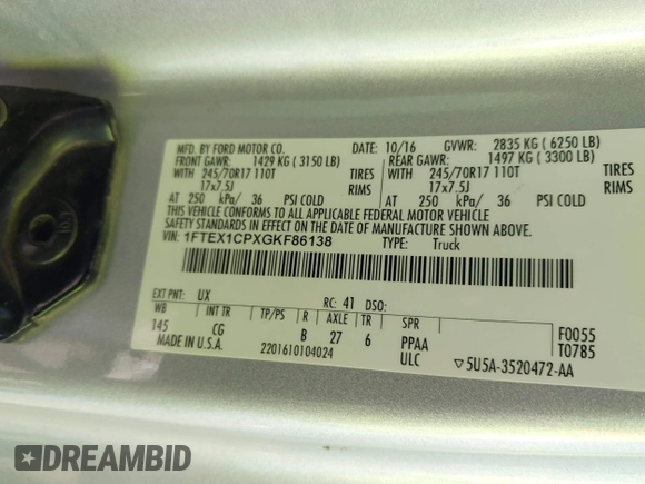 2016 Ford F-150 XL with VIN 1FTEX1CPXGKF86138, listed as a IAAI auction lot 42685127 with 175,161 mi miles and . Bid and sale history available at DreamBid. Image 9.