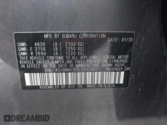 2020 Subaru Legacy Premium z VIN 4S3BWAC63L3017567, wystawiony jako IAAI lot #41899451 z przebiegiem 49 588 mil mil oraz . Historia ofert i sprzedaży dostępna na DreamBid. Obrazek 9.