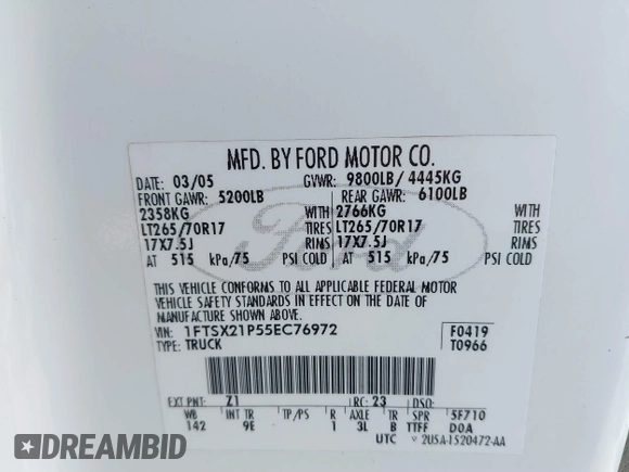 2005 Ford F-250 XL with VIN 1FTSX21P55EC76972, listed as a IAAI auction lot 41620344 with 193,624 mi miles and . Bid and sale history available at DreamBid. Image 9.
