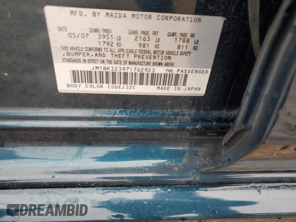 2007 Mazda 3 s Sport with VIN JM1BK323971762923, listed as a Copart auction lot 45624225 with 92,184 mi miles and Salvage Title. Bid and sale history available at carsss.com. Image 12.
