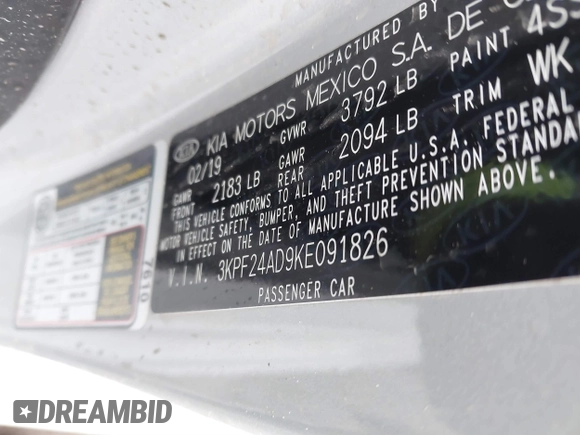 2019 Kia Forte LXS with VIN 3KPF24AD9KE091826, listed as a IAAI auction lot 41124474 with 50,211 mi miles and . Bid and sale history available at carsss.com. Image 9.