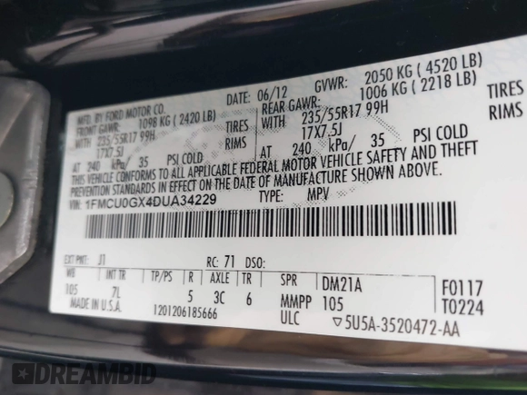 2013 Ford Escape SE with VIN 1FMCU0GX4DUA34229, listed as a IAAI auction lot 42358941 with 141,492 mi miles and . Bid and sale history available at DreamBid. Image 9.