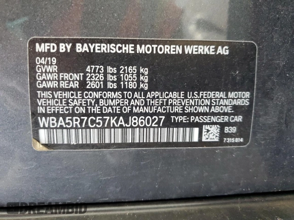 2019 BMW 3 Series 330i xDrive with VIN WBA5R7C57KAJ86027, listed as a Copart auction lot 61203435 with 41,486 mi miles and Salvage title. Bid and sale history available at DreamBid. Image 12.
