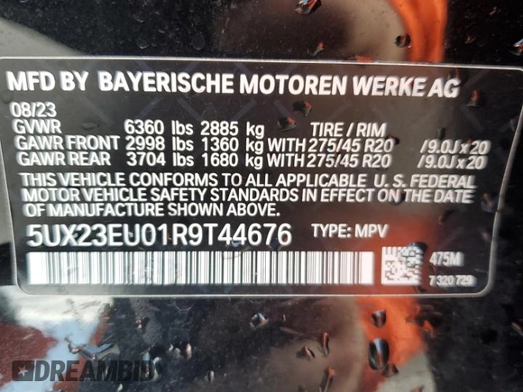 2024 BMW X5 xDrive40i z VIN 5UX23EU01R9T44676, wystawiony jako Copart lot #57216555 z przebiegiem Nie podano mil oraz Tytuł czysty. Historia ofert i sprzedaży dostępna na DreamBid. Obrazek 13.