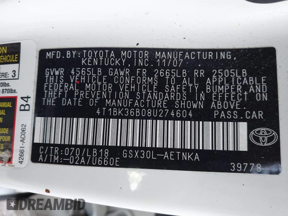 2008 Toyota Avalon XL with VIN 4T1BK36B08U274604, listed as a IAAI auction lot 41768642 with 180,335 mi miles. Bid and sale history available at carsss.com. Image 9.