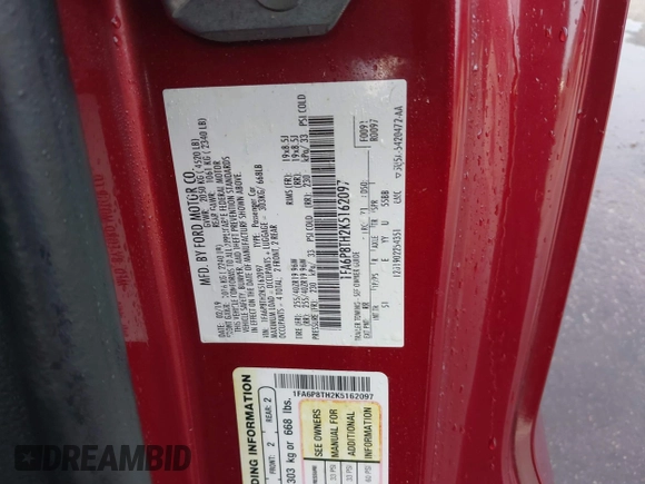 2019 Ford Mustang EcoBoost with VIN 1FA6P8TH2K5162097, listed as a IAAI auction lot 41902511 with 73,306 mi miles and . Bid and sale history available at carsss.com. Image 9.
