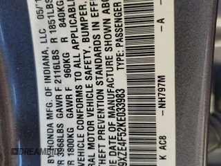 2019 Honda Insight EX z VIN 19XZE4F52KE033983, wystawiony jako Copart lot #56048285 z przebiegiem 103 742 mil mil oraz Szkoda całkowita • Salvage title. Historia ofert i sprzedaży dostępna na DreamBid. Obrazek 13.