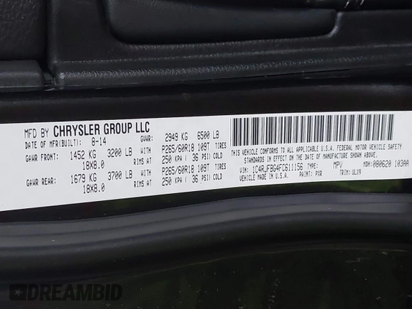 2015 Jeep Grand Cherokee Limited with VIN 1C4RJFBG4FC611156, listed as a IAAI auction lot 42021705 with 137,887 mi miles. Bid and sale history available at carsss.com. Image 9.