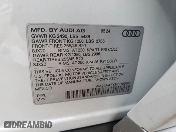 2024 Audi Q5 Sportback S line Premium с VIN WA14AAFY3R2106861, выставлен на аукционе Copart как лот 41789285 с пробегом 1 410 миль миль и Списание • Salvage title. История ставок и продаж доступна на DreamBid. Изображение 14.