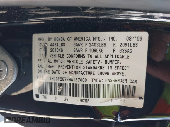 2009 Honda Accord EX z VIN 1HGCP26799A197400, wystawiony jako IAAI lot #42326338 z przebiegiem 159 243 mil mil oraz . Historia ofert i sprzedaży dostępna na DreamBid. Obrazek 9.