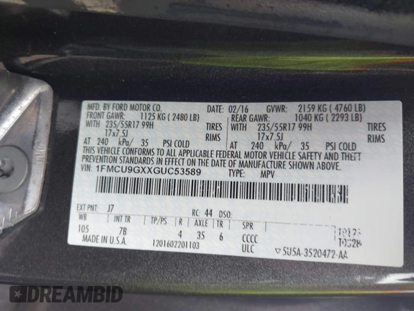 2016 Ford Escape SE with VIN 1FMCU9GXXGUC53589, listed as a IAAI auction lot 42017364 with 89,394 mi miles. Bid and sale history available at carsss.com. Image 9.